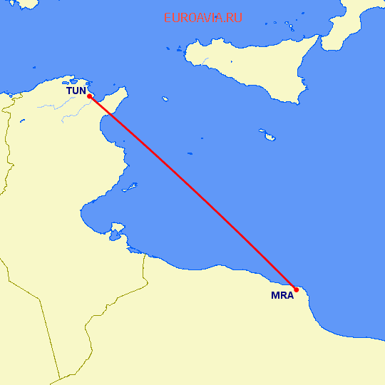перелет Мисурата — Тунис на карте