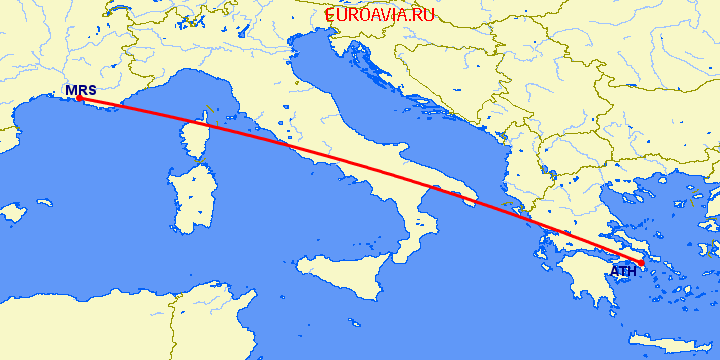 перелет Марсель — Афины на карте