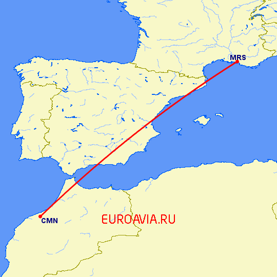 перелет Марсель — Касабланка на карте