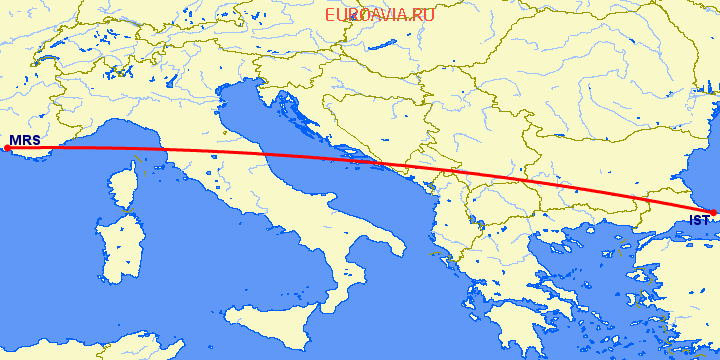 перелет Марсель — Стамбул на карте