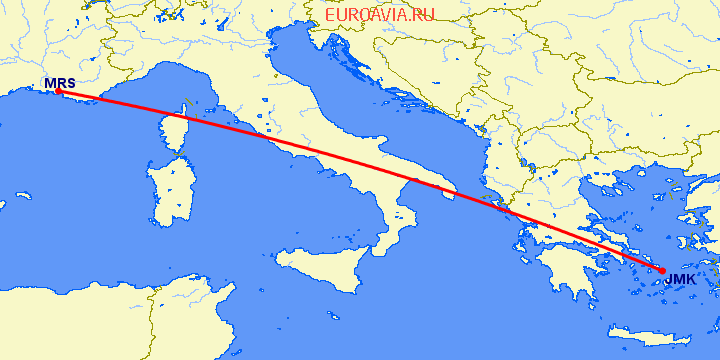 перелет Марсель — Миконос на карте