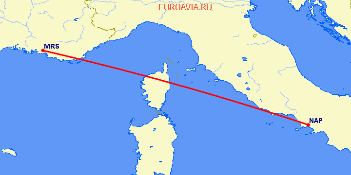 перелет Марсель — Неаполь на карте