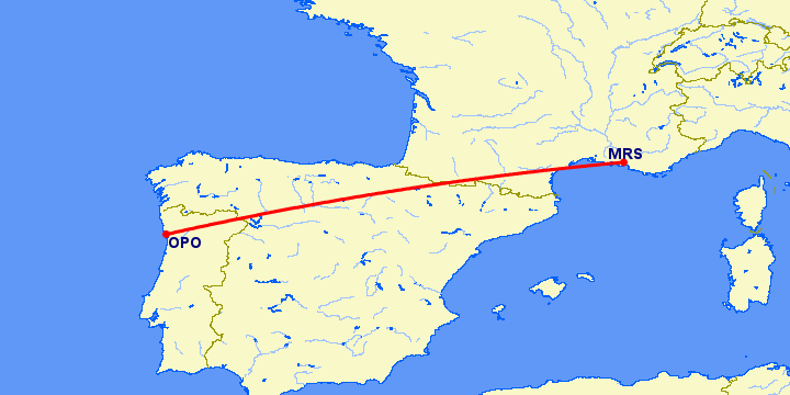 перелет Марсель — Порту на карте