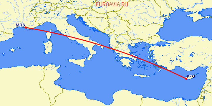 перелет Марсель — Пафос на карте