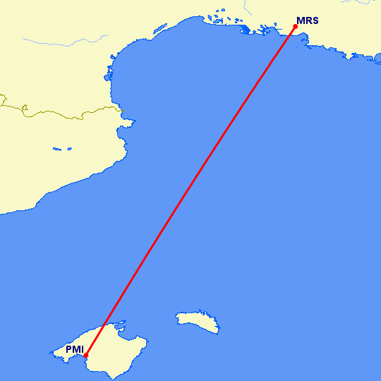 перелет Марсель — Пальма де Майорка на карте