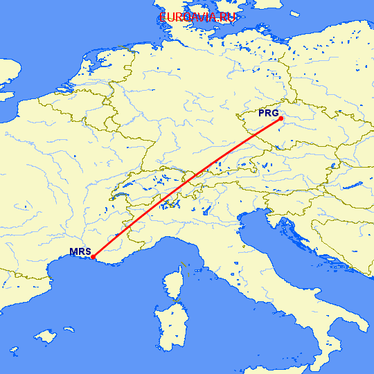 перелет Марсель — Прага на карте