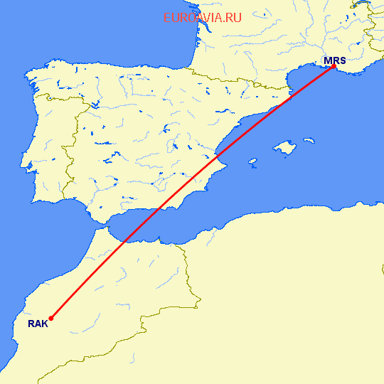 перелет Марсель — Марракеш на карте