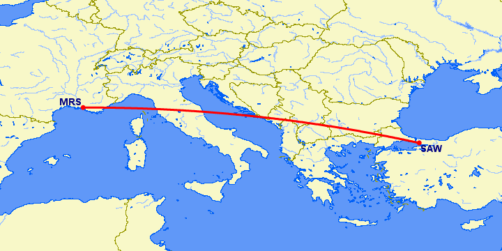 перелет Марсель — Стамбул на карте