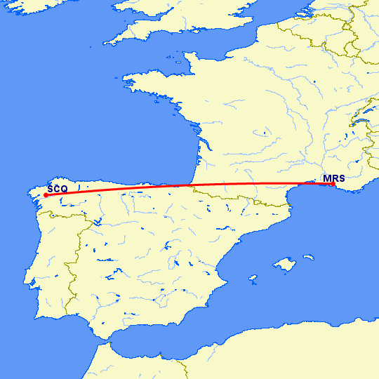 перелет Марсель — Сантьяго де Компостела на карте