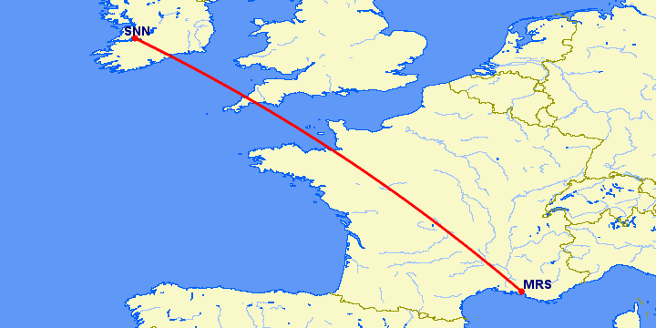 перелет Марсель — Шеннон на карте