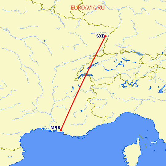 перелет Марсель — Страсбург на карте