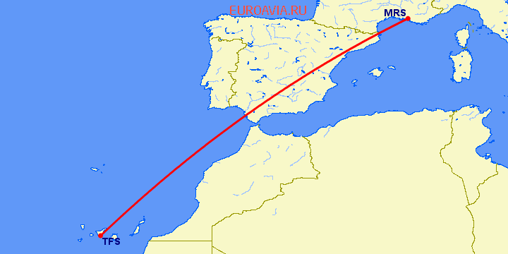 перелет Марсель — Тенерифе на карте