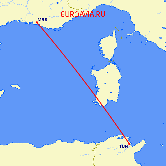 перелет Марсель — Тунис на карте