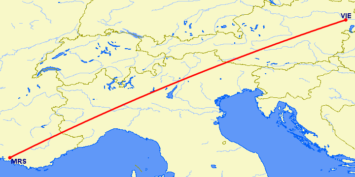 перелет Марсель — Вена на карте
