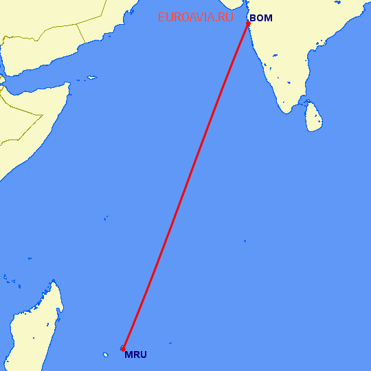 перелет Маврикий — Бомбей на карте