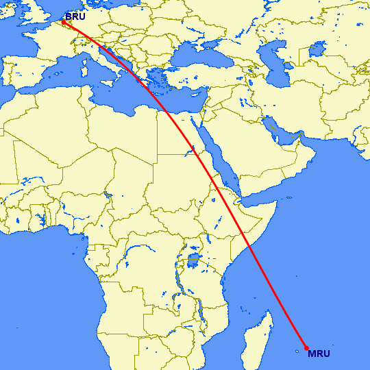 перелет Порт Луис — Брюссель на карте