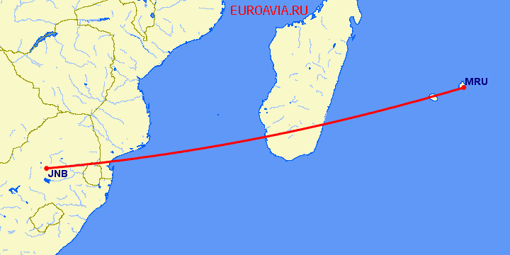 перелет Порт Луис — Йоханнесбург на карте
