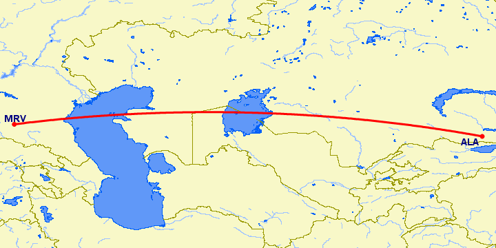 перелет Минеральные Воды — Алматы на карте