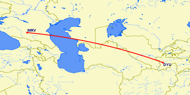 перелет Минеральные Воды — Душанбе на карте