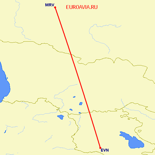 перелет Минеральные Воды — Ереван на карте