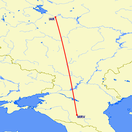 перелет Минеральные Воды — Ярославль на карте