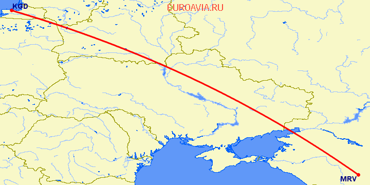 перелет Минеральные Воды — Калининград на карте