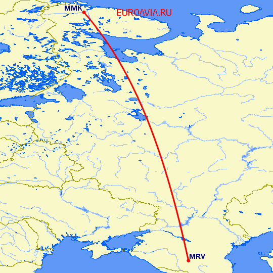 перелет Минеральные Воды — Мурманск на карте