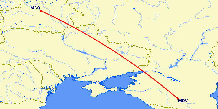 перелет Минеральные Воды — Минск на карте