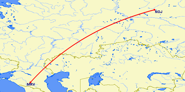 перелет Минеральные Воды — Ноябрьск на карте