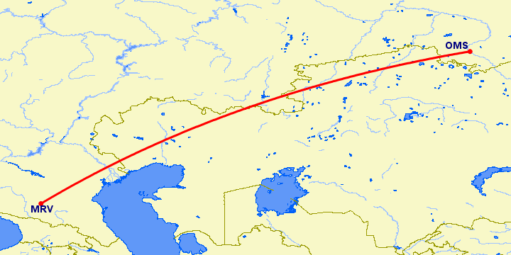 перелет Минеральные Воды — Омск на карте