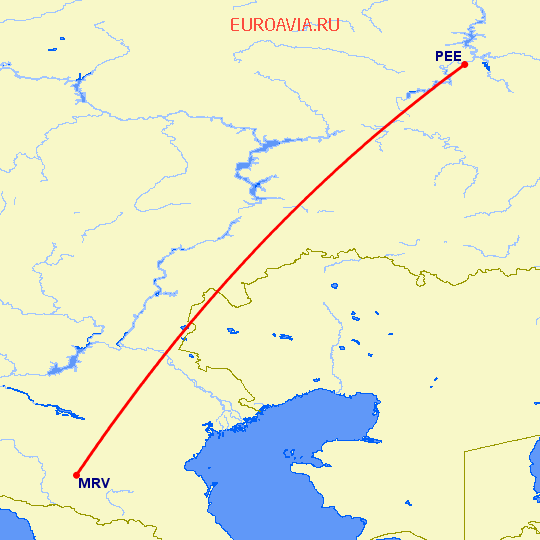перелет Минеральные Воды — Пермь на карте