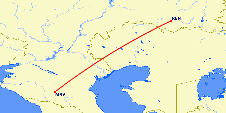 перелет Минеральные Воды — Оренбург на карте