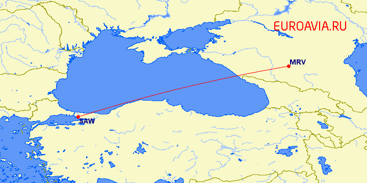 перелет Минеральные Воды — Стамбул на карте