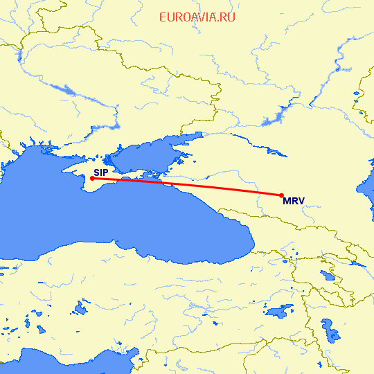 перелет Минеральные Воды — Симферополь на карте