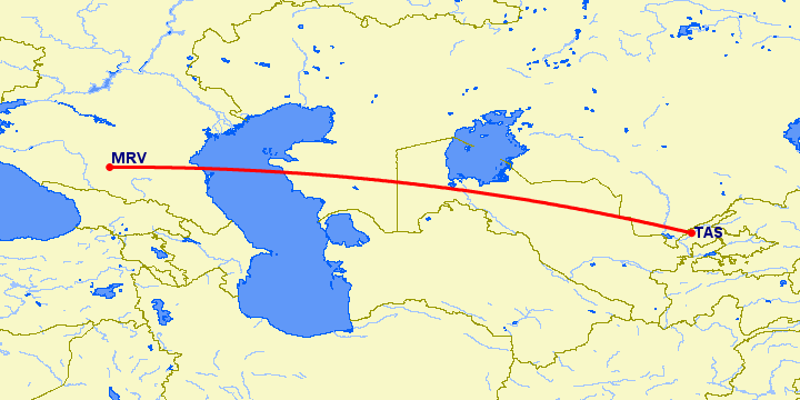 перелет Минеральные Воды — Ташкент на карте