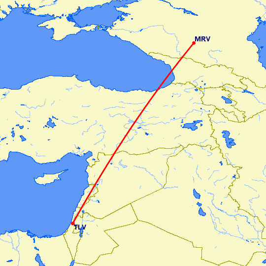 перелет Минеральные Воды — Тель Авив на карте