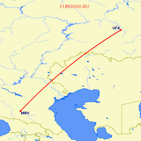 перелет Минеральные Воды — Уфа на карте