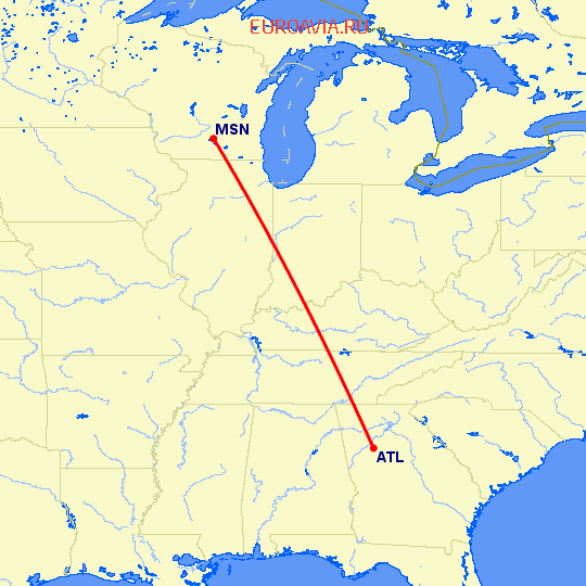 перелет Madison — Атланта на карте
