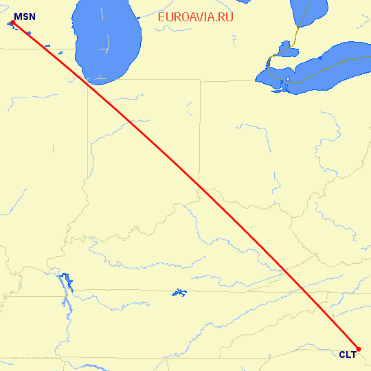 перелет Madison — Шарлотт на карте