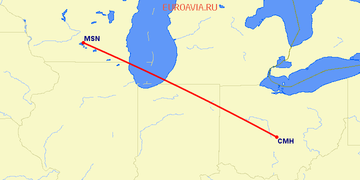 перелет Madison — Колумбус на карте