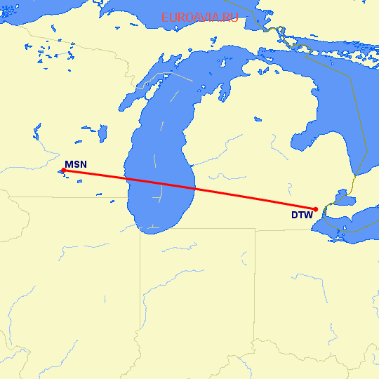 перелет Madison — Детройт на карте