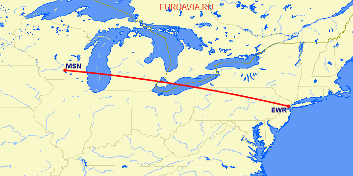 перелет Madison — Ньюарк на карте