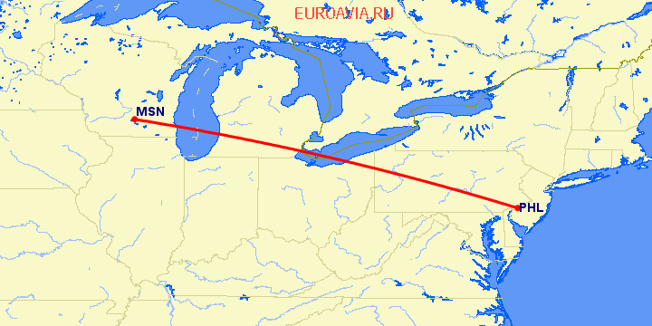 перелет Madison — Филадельфия на карте