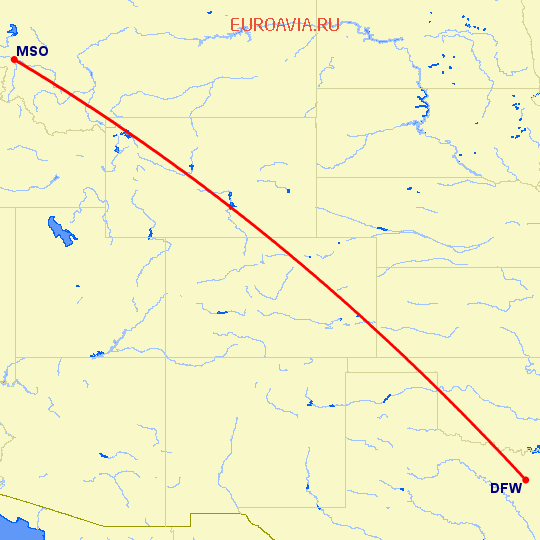 перелет Миссула — Даллас на карте