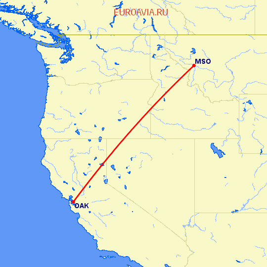 перелет Миссула — Окленд на карте