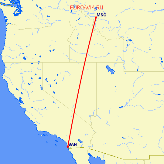 перелет Миссула — Сан Диего на карте
