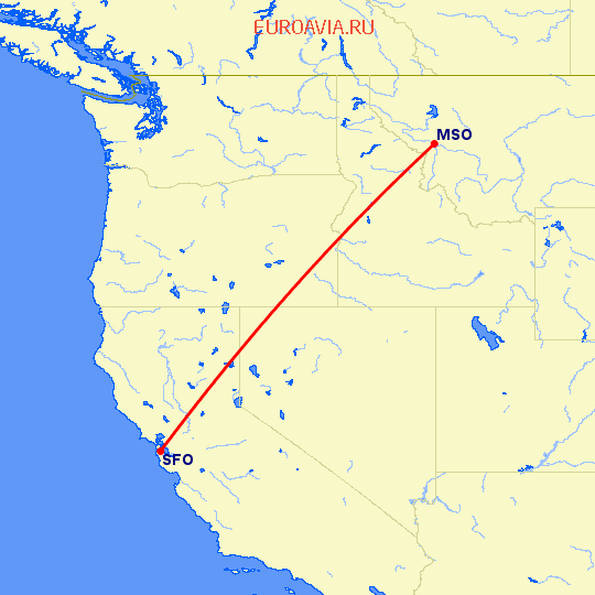 перелет Миссула — Сан Франциско на карте
