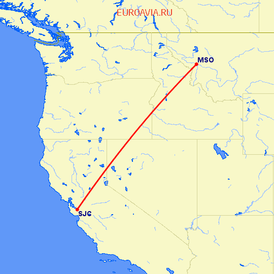 перелет Миссула — Сан Хосе на карте