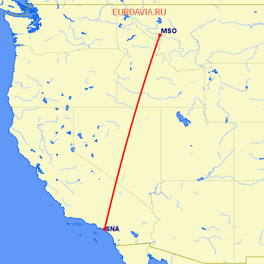 перелет Миссула — Санта Ана на карте
