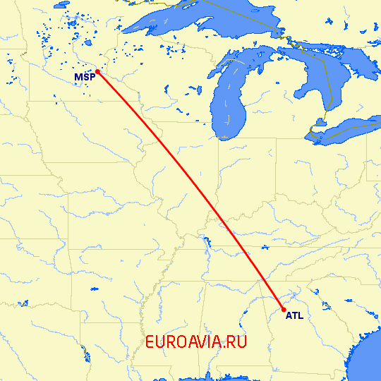 перелет Миннеаполис — Атланта на карте